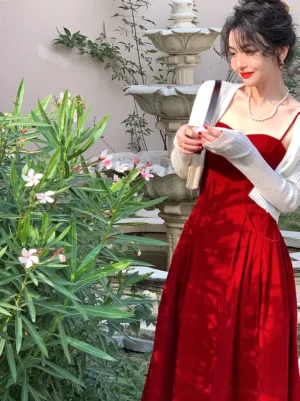 Retro red velvet sweetheart maxi dress styled with a white cropped cardigan in a romantic garden setting, showing the fitted bodice, spaghetti straps, pleated waist, and flowing A-line skirt