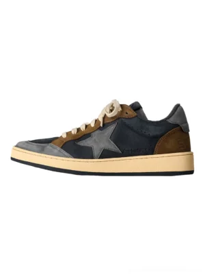 Gray and coffee retro low-top star panel sneakers shown in side profile with layered leather and textile panels, oversized side star, off-white laces, and cream rubber outsole