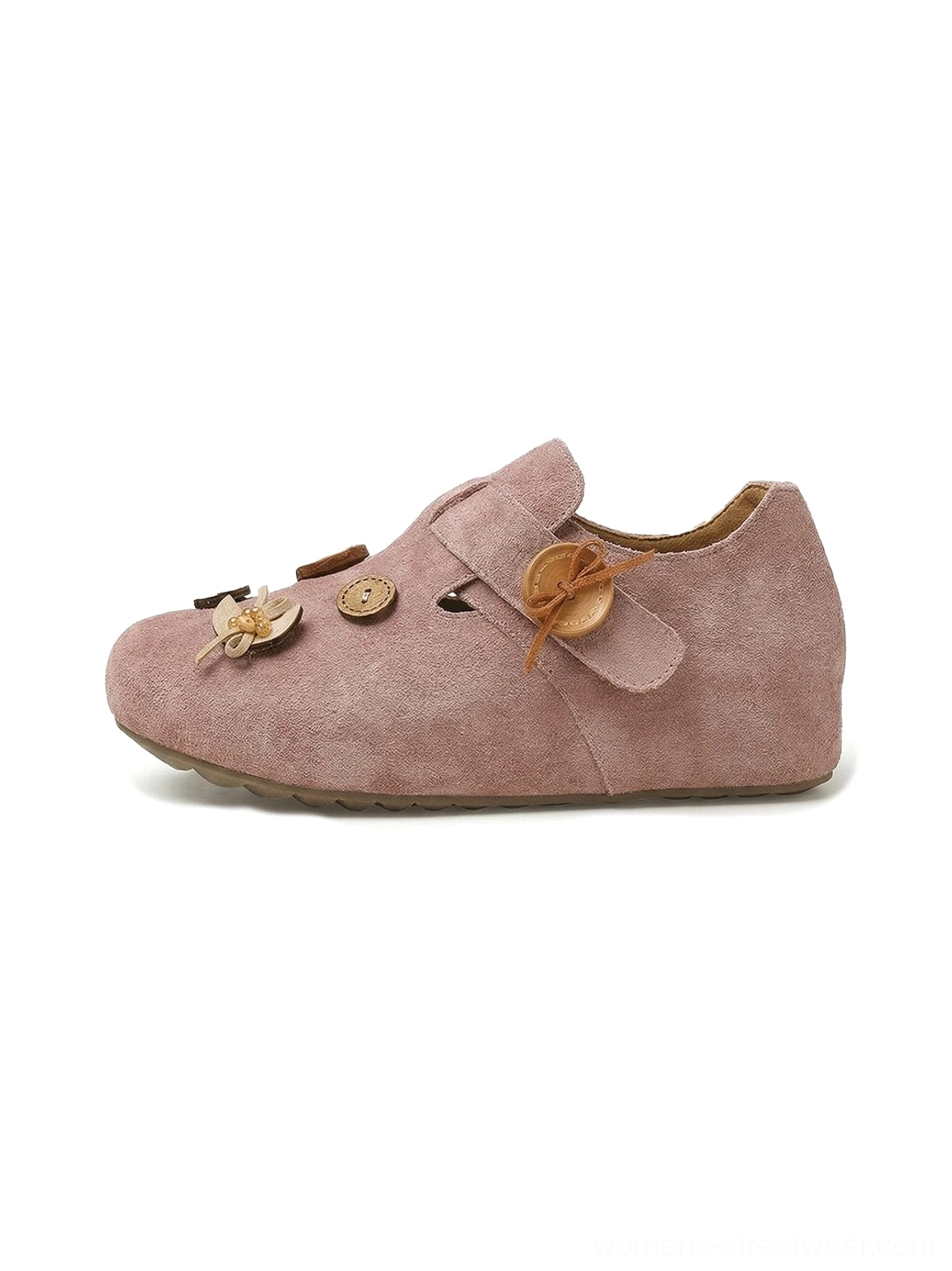 Retro suede-look button strap slip-on shoes with rounded toe and flexible flat sole product detail