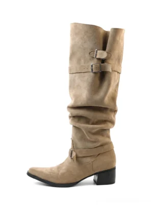 Khaki retro suede slouch riding boot with buckle straps pointed toe and low block heel front three quarter view