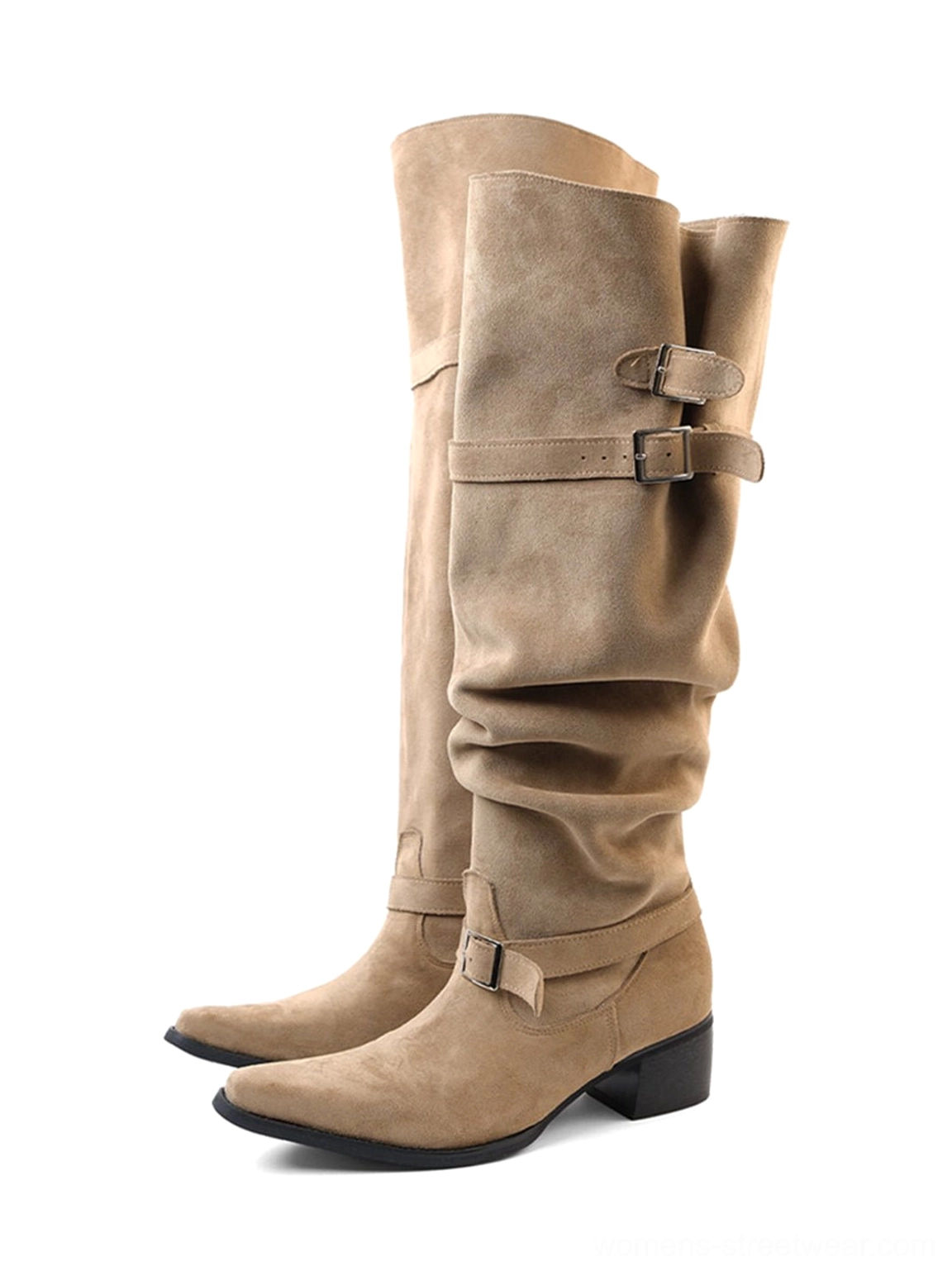 Khaki retro suede slouch riding boots featuring gathered shaft buckle strap details pointed toe and block heel