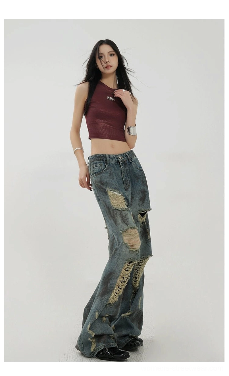 Women's retro tie-dye distressed blue wide-leg jeans product image with washed vintage streetwear finish