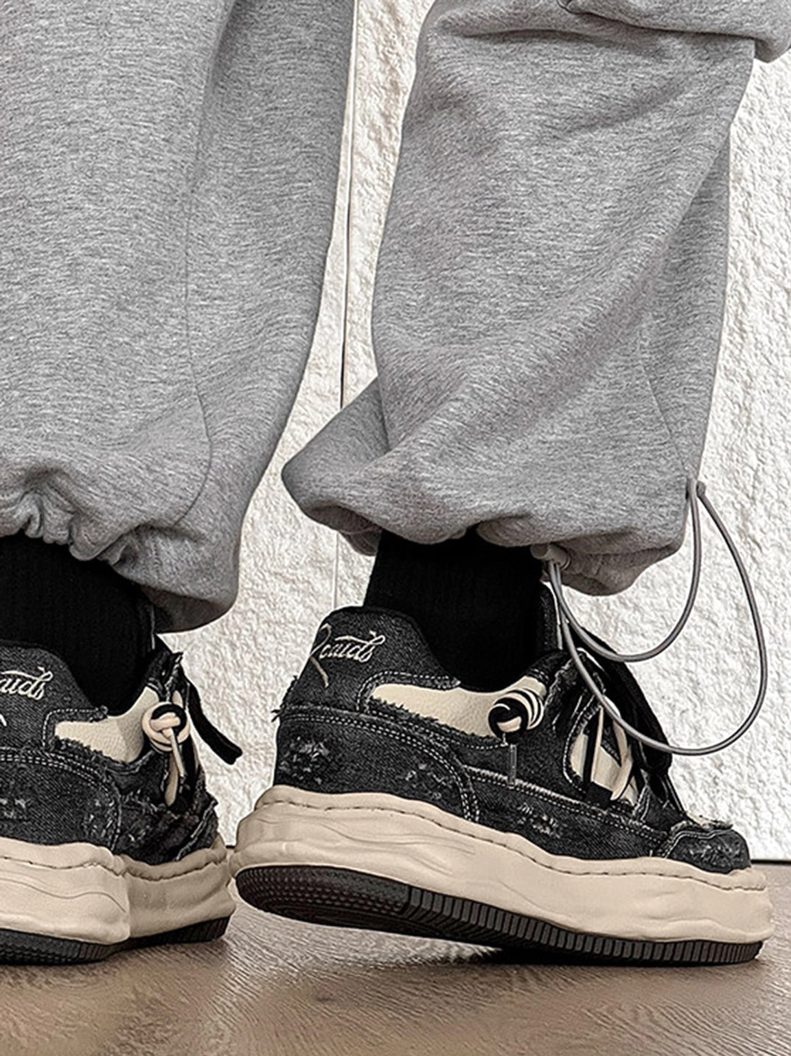 Retro washed denim sneakers with bold chunky silhouette for Seoul-inspired casual street fashion