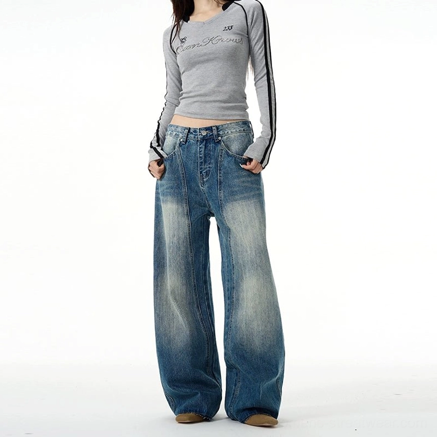 Blue retro washed wide-leg jeans product image showing the relaxed fit, faded denim finish, and contemporary streetwear styling