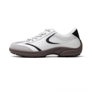 White black and brown retro court sneakers with perforated leather upper curved side stripes and warm rubber outsole shown in a left side three quarter studio view