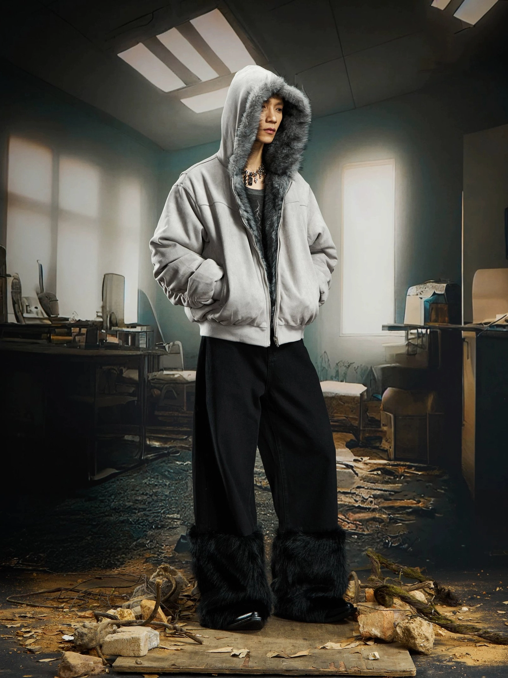 Reversible faux fur bomber jacket product image highlighting cozy hooded design and full zip closure