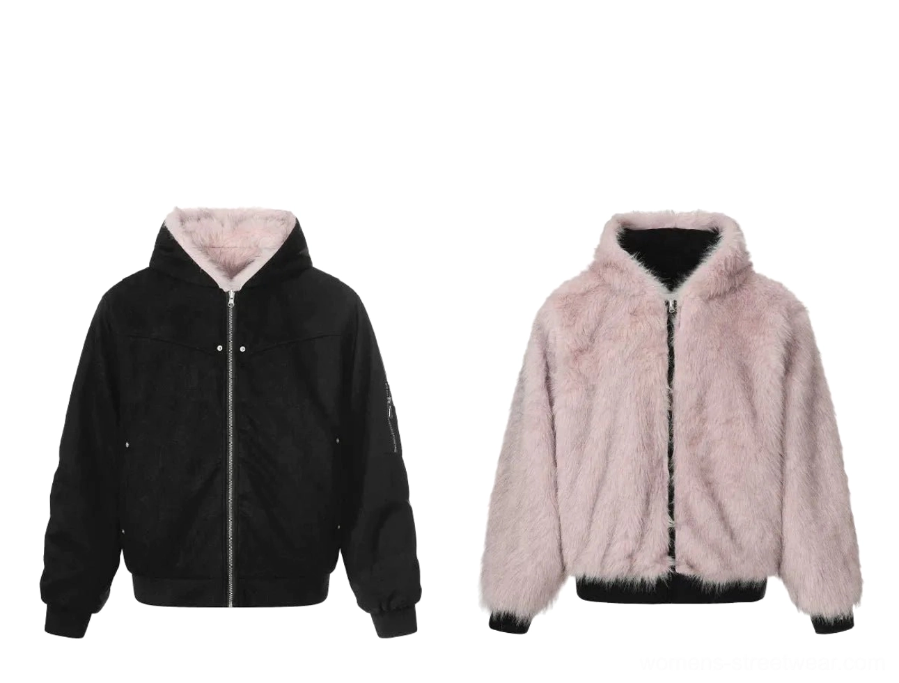Flat lay showing reversible faux fur hooded bomber jackets in pink, gray, black, and charcoal colorways