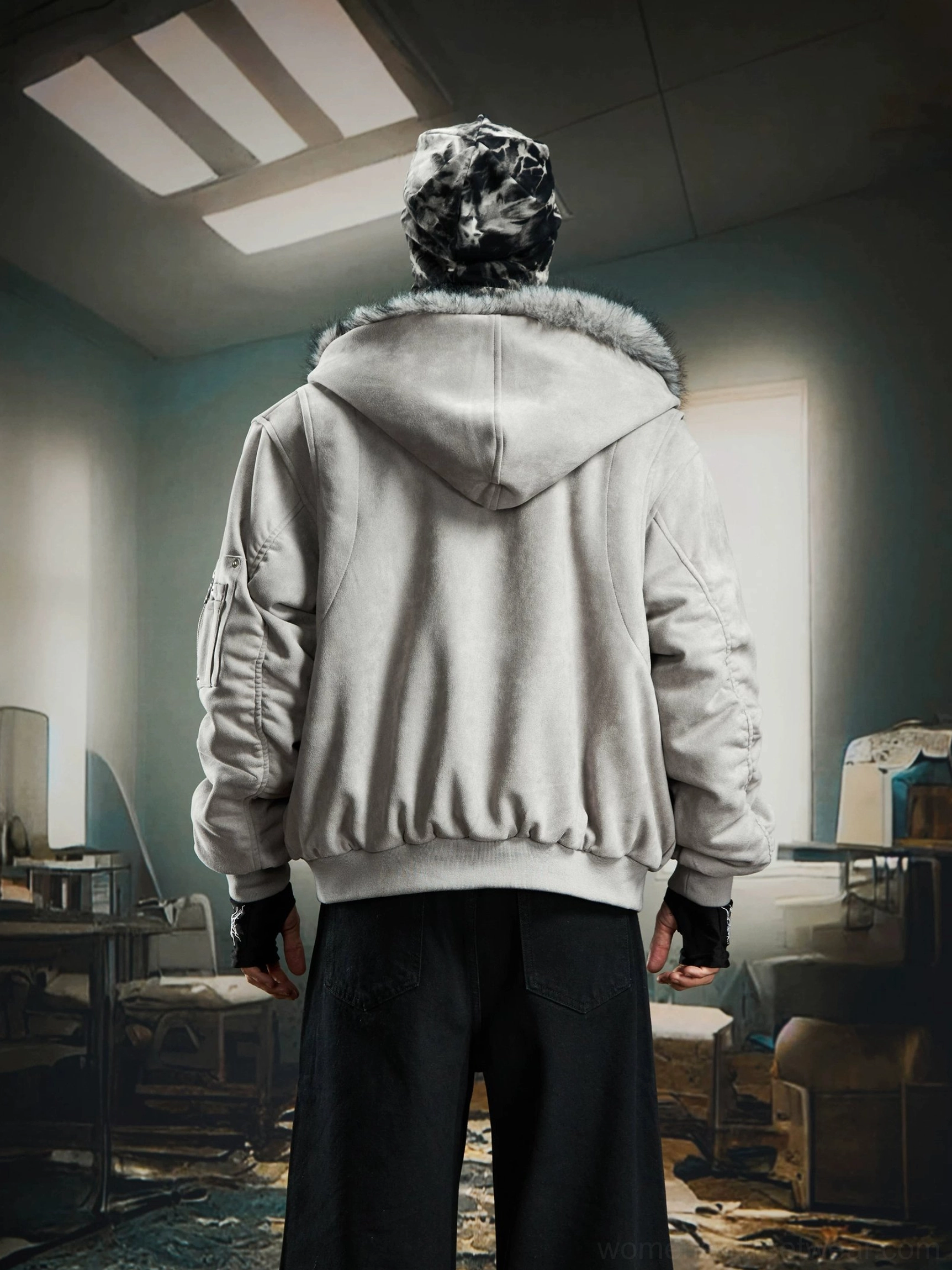 Reversible faux fur hooded bomber jacket product view for oversized Korean streetwear styling