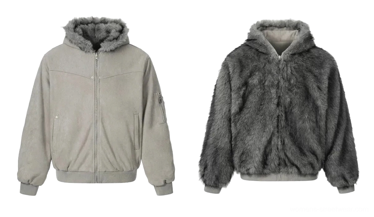Reversible faux fur hooded bomber jacket product gallery image placeholder