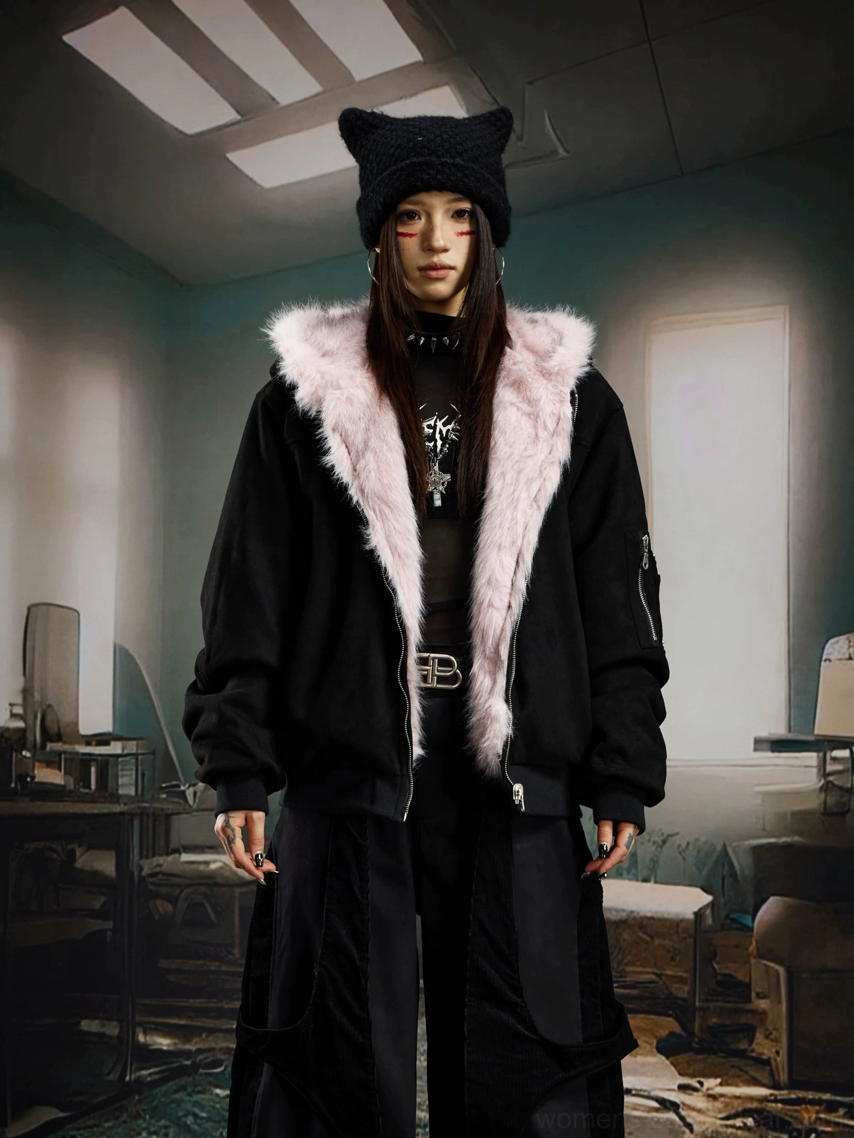 Reversible faux fur hooded bomber jacket styling image with relaxed oversized streetwear silhouette