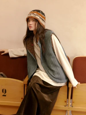 Reversible sherpa and denim vest shown from a three-quarter side view in a vintage theater, featuring the blue ribbed denim reverse side