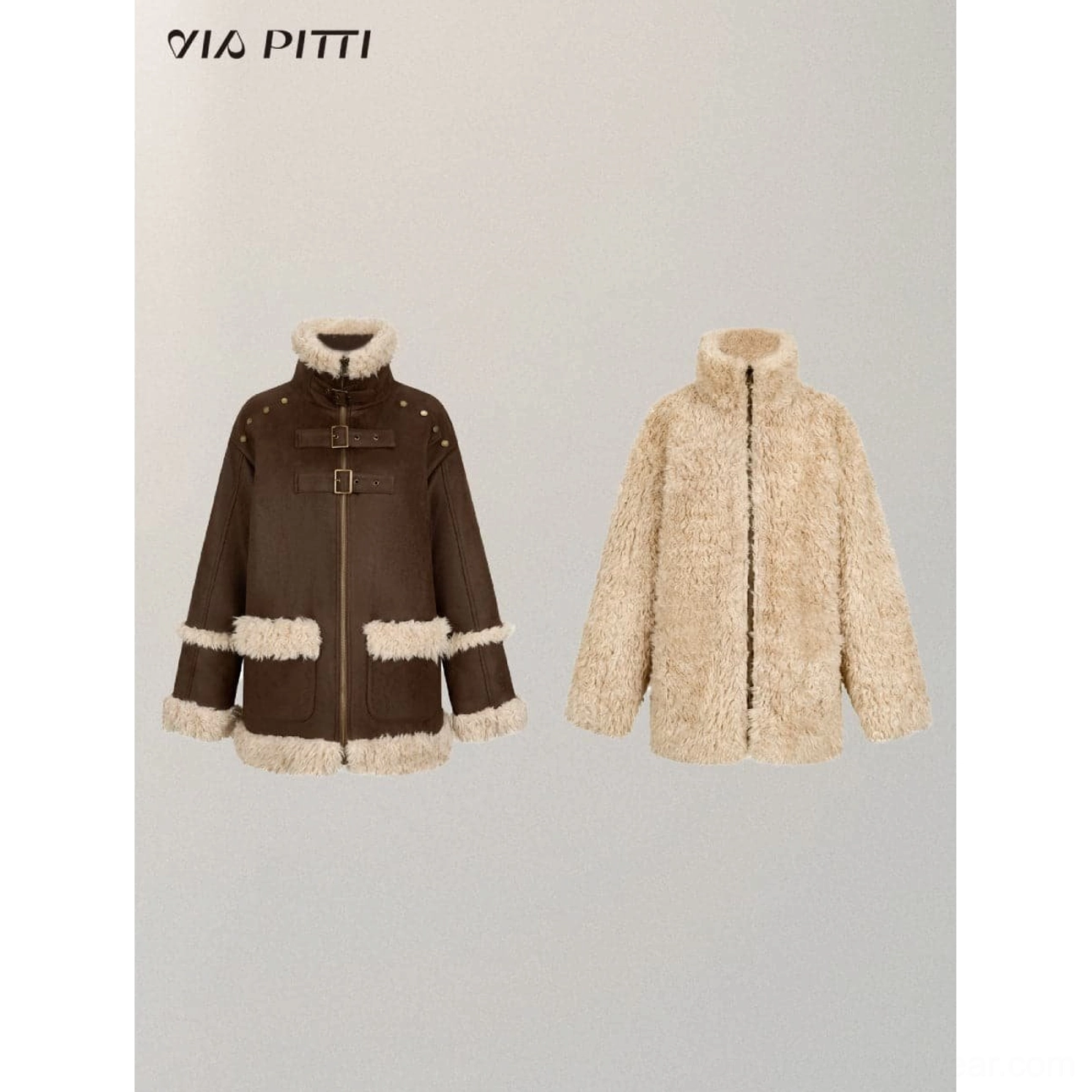 Reversible suede shearling jacket product image showcasing the dual-sided brown suede and cream fleece-inspired streetwear design