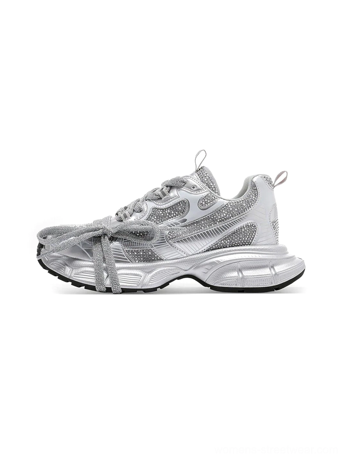 Silver rhinestone chunky dad sneakers with sparkling upper, dual lace details, and thick metallic sole on a white background