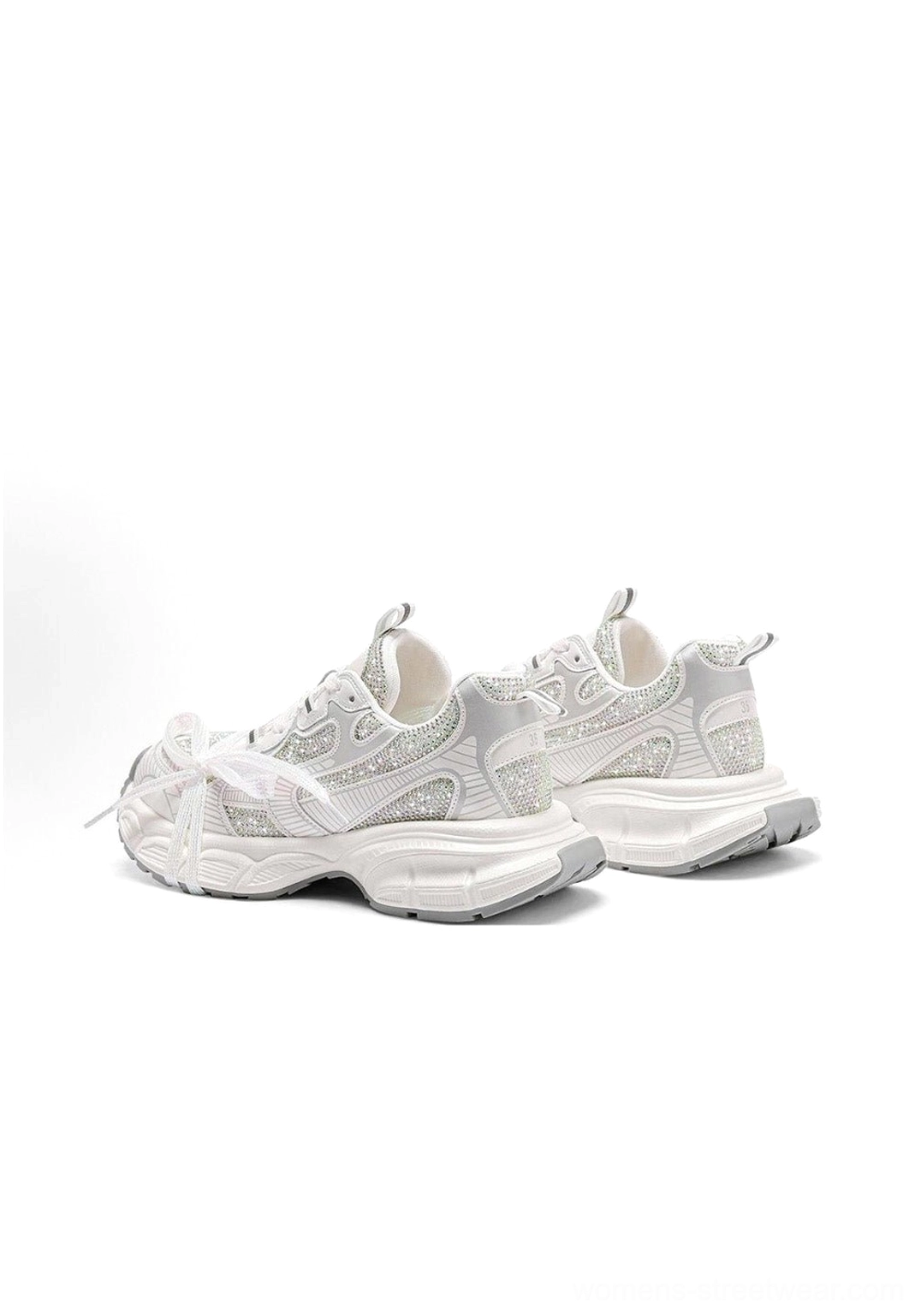 Rhinestone chunky dad sneakers in silver grey and white with a bold platform sole and Y2K streetwear styling