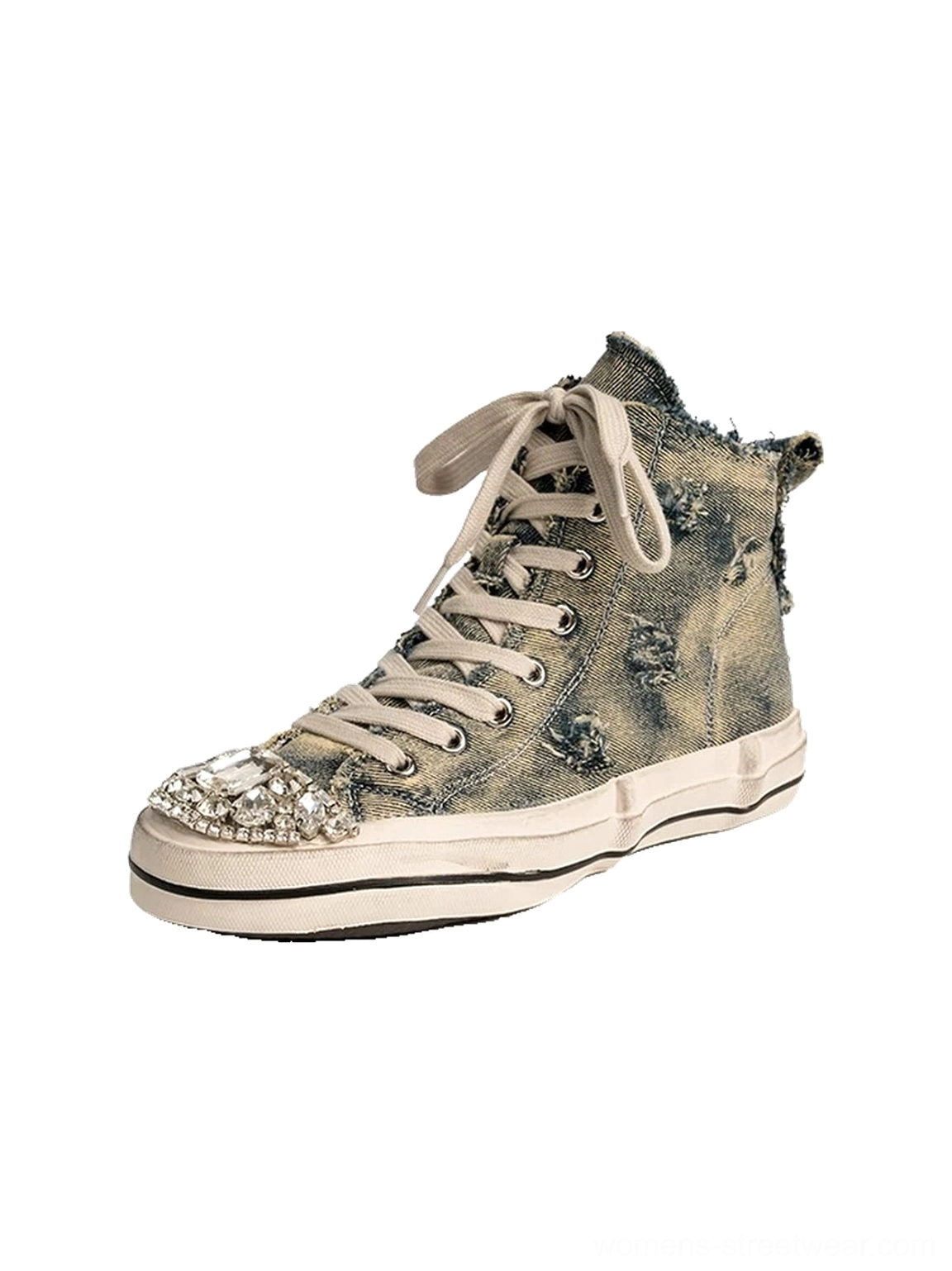 Three-quarter front view of distressed denim high-top sneakers with acid-washed frayed upper, rhinestone toe cap, white rubber sole, and Y2K streetwear styling
