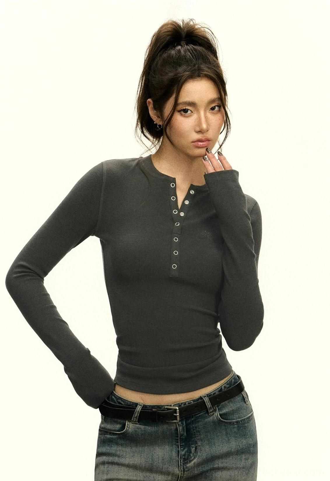 Ribbed Henley crop top with cropped hem and long sleeves inspired by Korean and East Asian street fashion