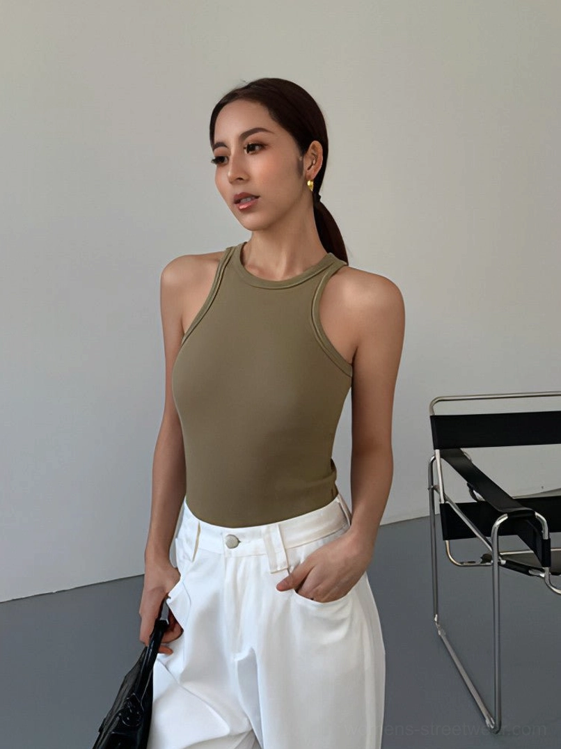 Ribbed knit tank top hanging display view showing silhouette shape and proportions of garment