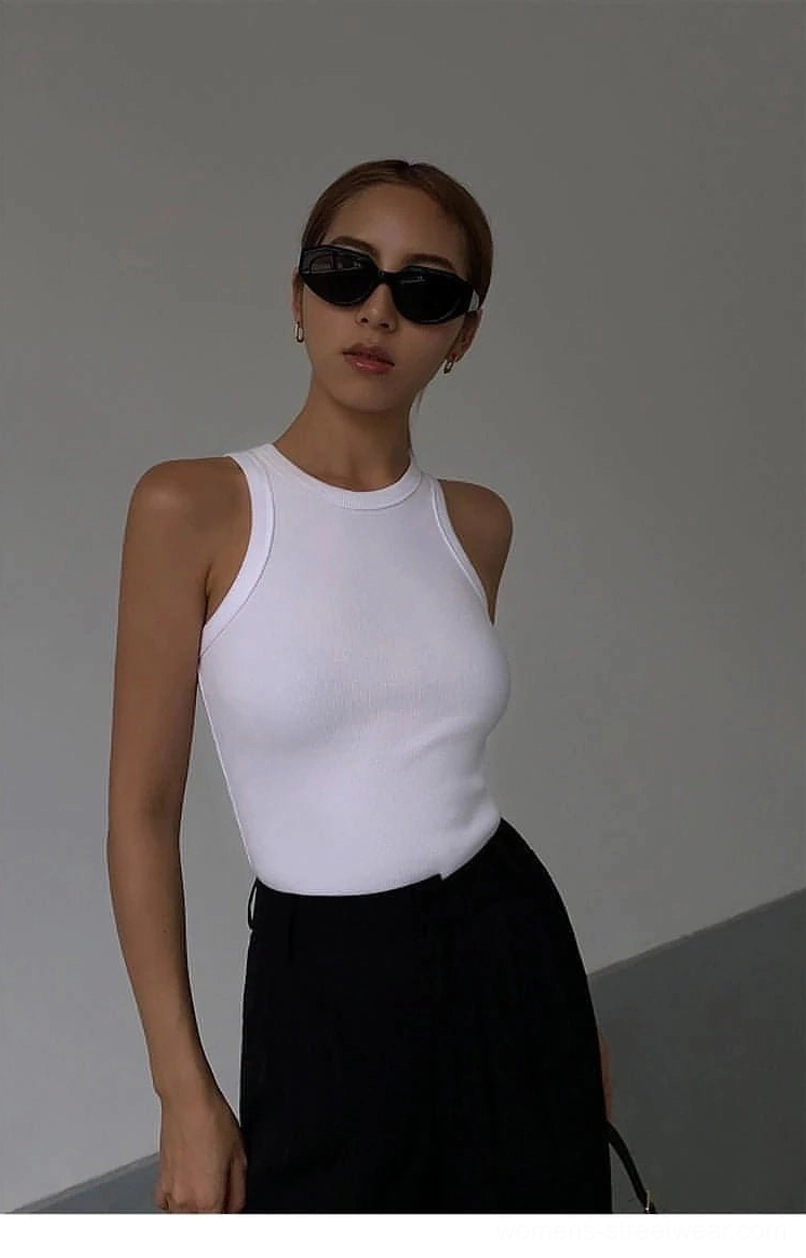 Ribbed knit tank top length and fit comparison showing how garment sits on different body types