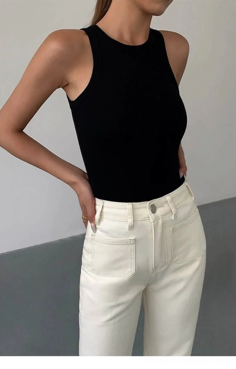 Ribbed knit tank top from side profile showing how garment drapes and fits on body silhouette