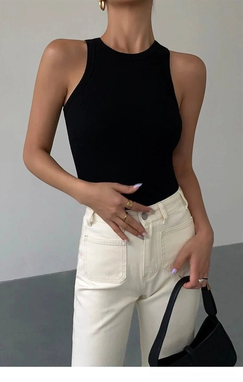 Ribbed knit tank top showing stretch and flexibility of spandex blend fabric on model movement