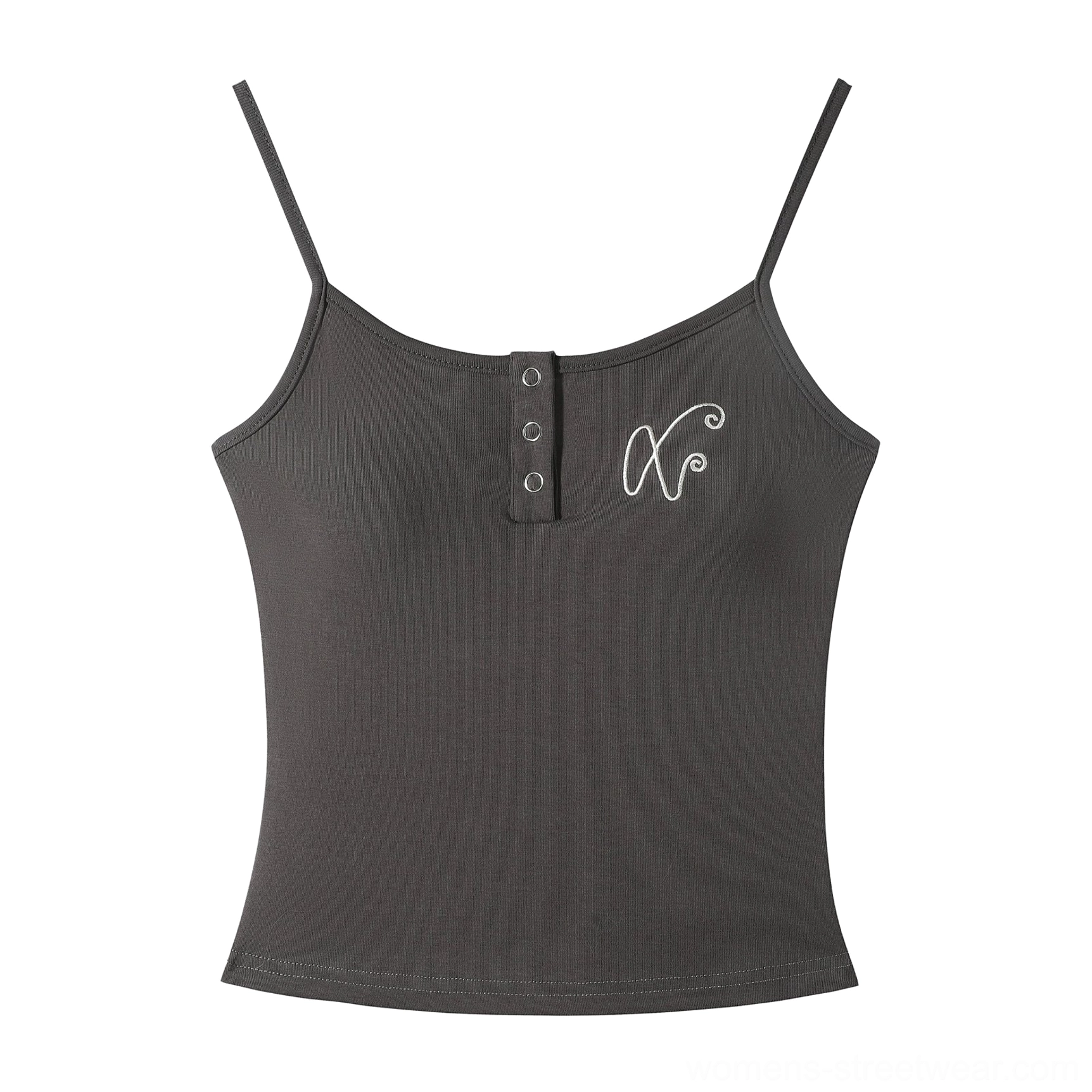 Ribbed spaghetti strap camisole with XO embroidery, cropped fitted silhouette, Henley button neckline, and Y2K Korean streetwear styling