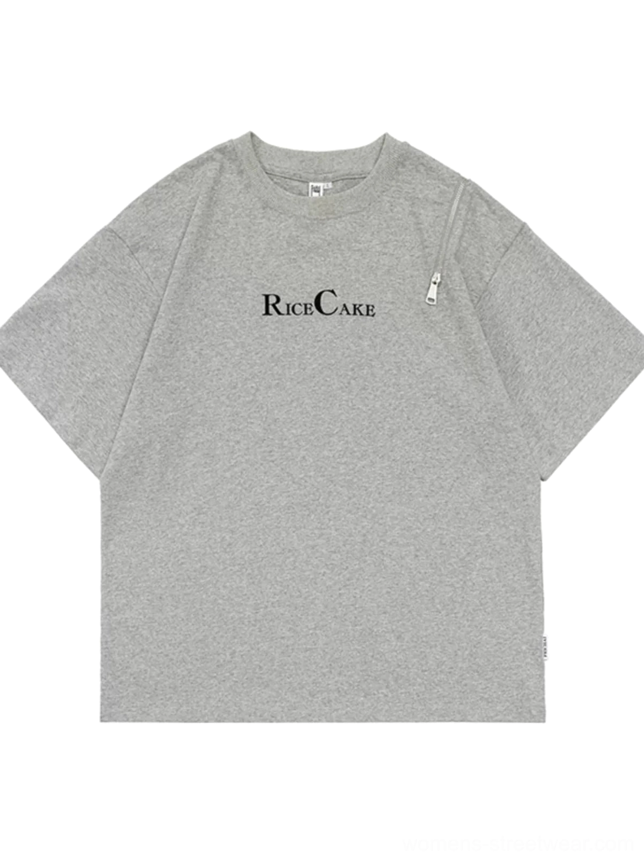 Heather gray RICE CAKE oversized graphic tee flat lay showing crew neck chest print and shoulder zipper detail