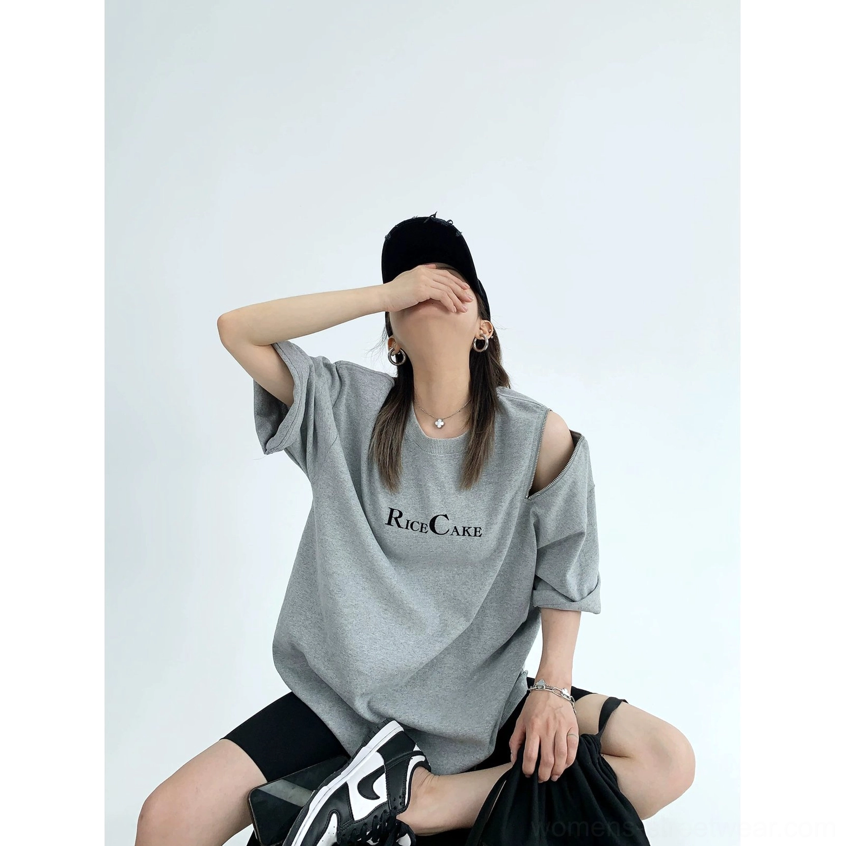 Heather gray RICE CAKE zip shoulder cutout oversized streetwear tee product color view