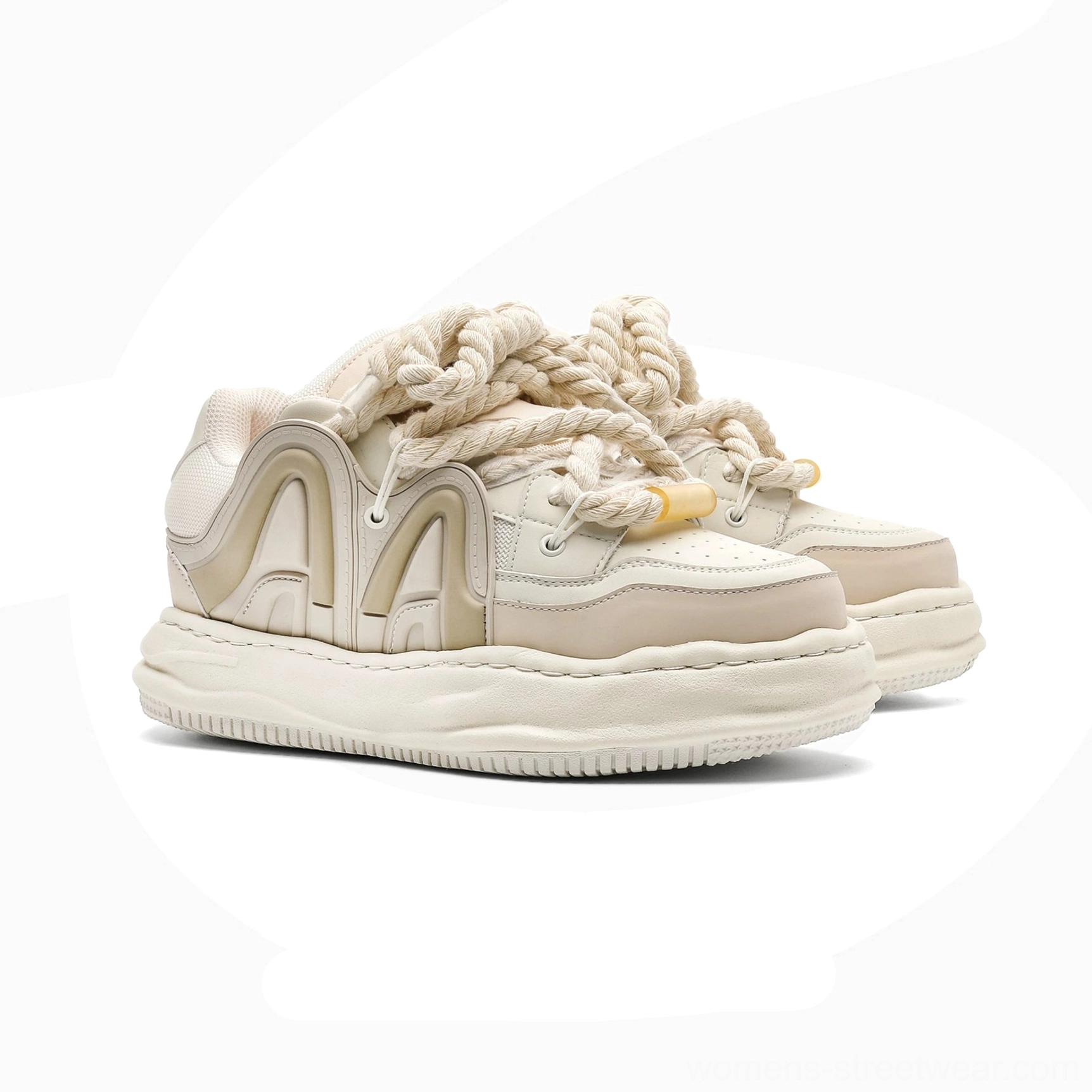 Chunky rope lace platform sneakers in rice color with layered cream and brown panels, thick composite sole, and contemporary Korean streetwear styling