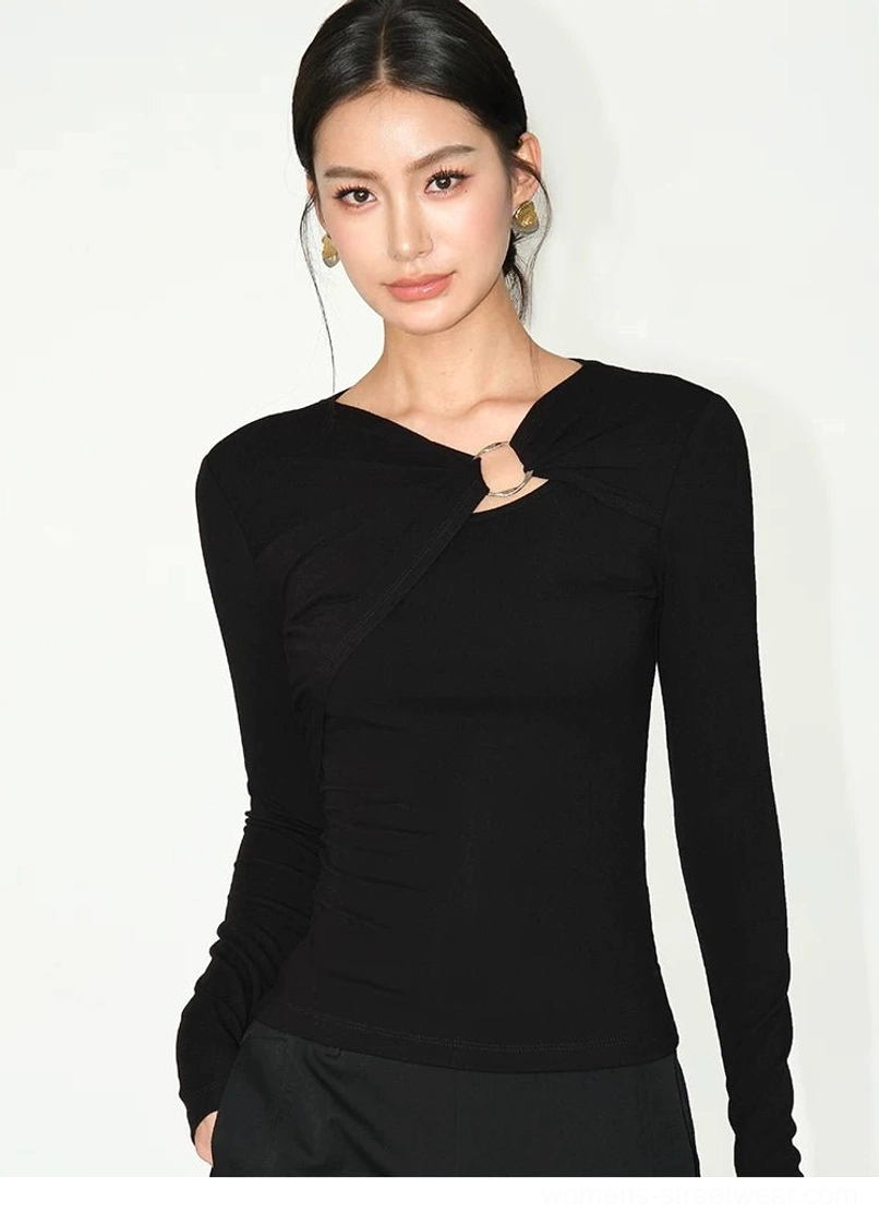 Ring cutout slim knit top with futuristic Y2K styling and versatile long sleeve silhouette