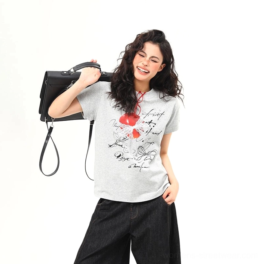 Gray romantic heart bow script graphic streetwear T-shirt color option