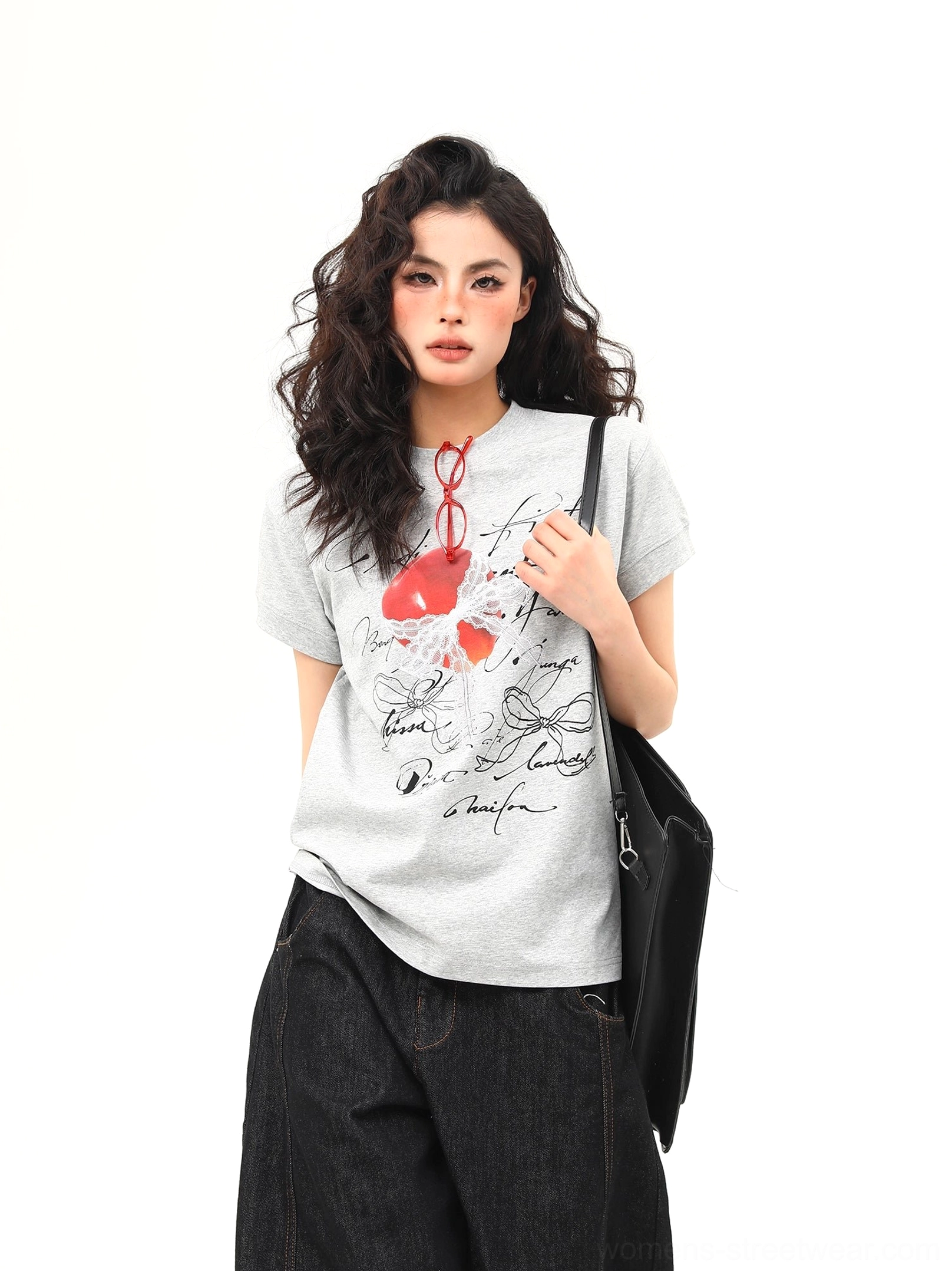 Heather gray heart bow script graphic T-shirt front view with relaxed crewneck streetwear silhouette