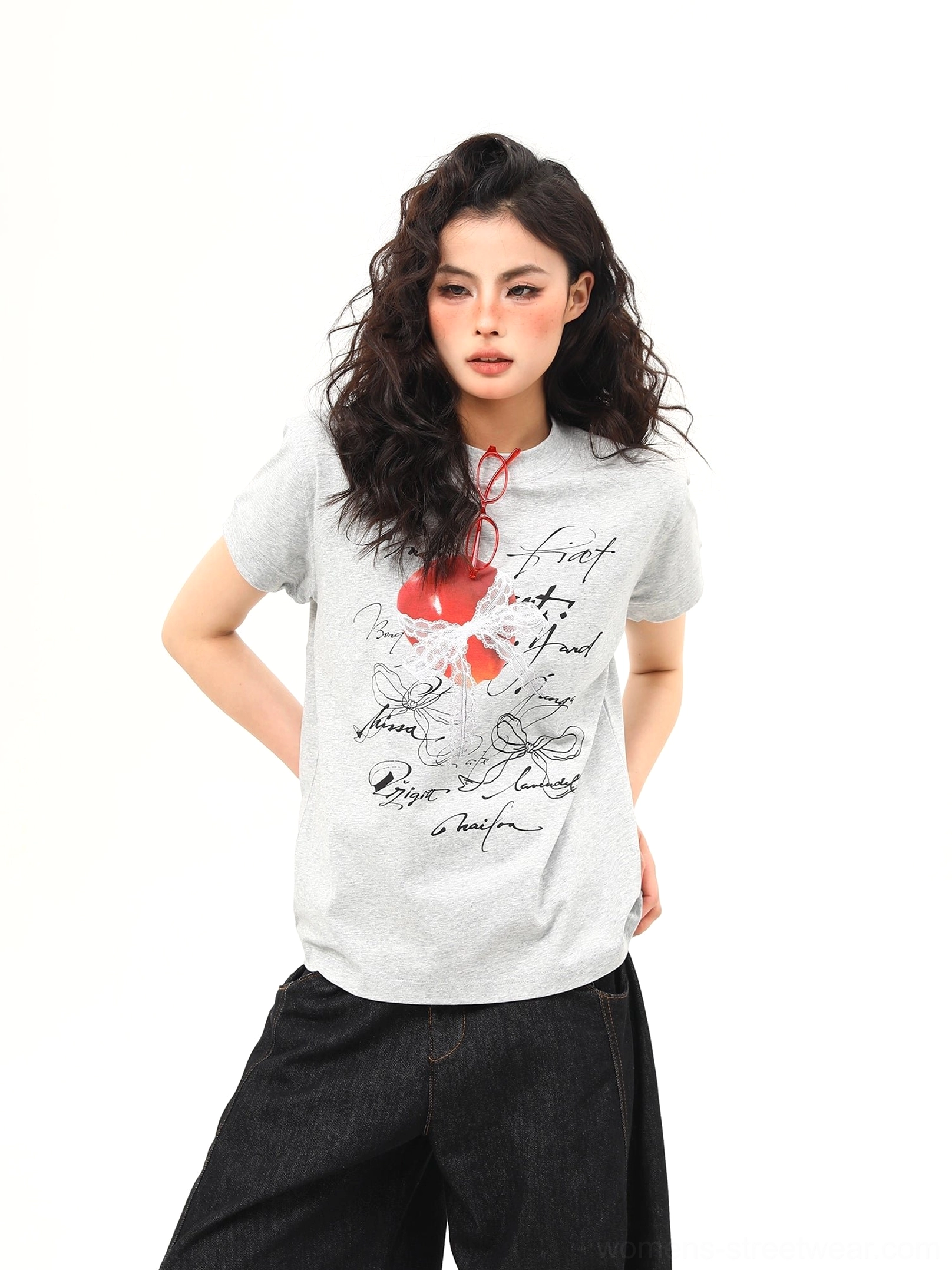 Romantic heart bow script graphic streetwear T-shirt product detail view
