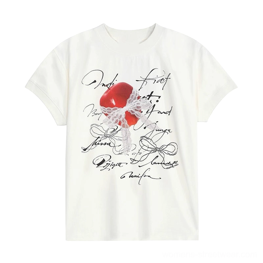 White romantic heart bow script graphic streetwear T-shirt color option