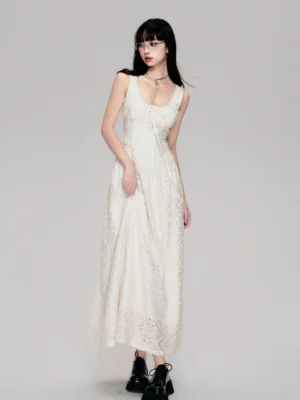 Beige romantic lace maxi dress with ruched tie bodice and floral openwork lace front full body view