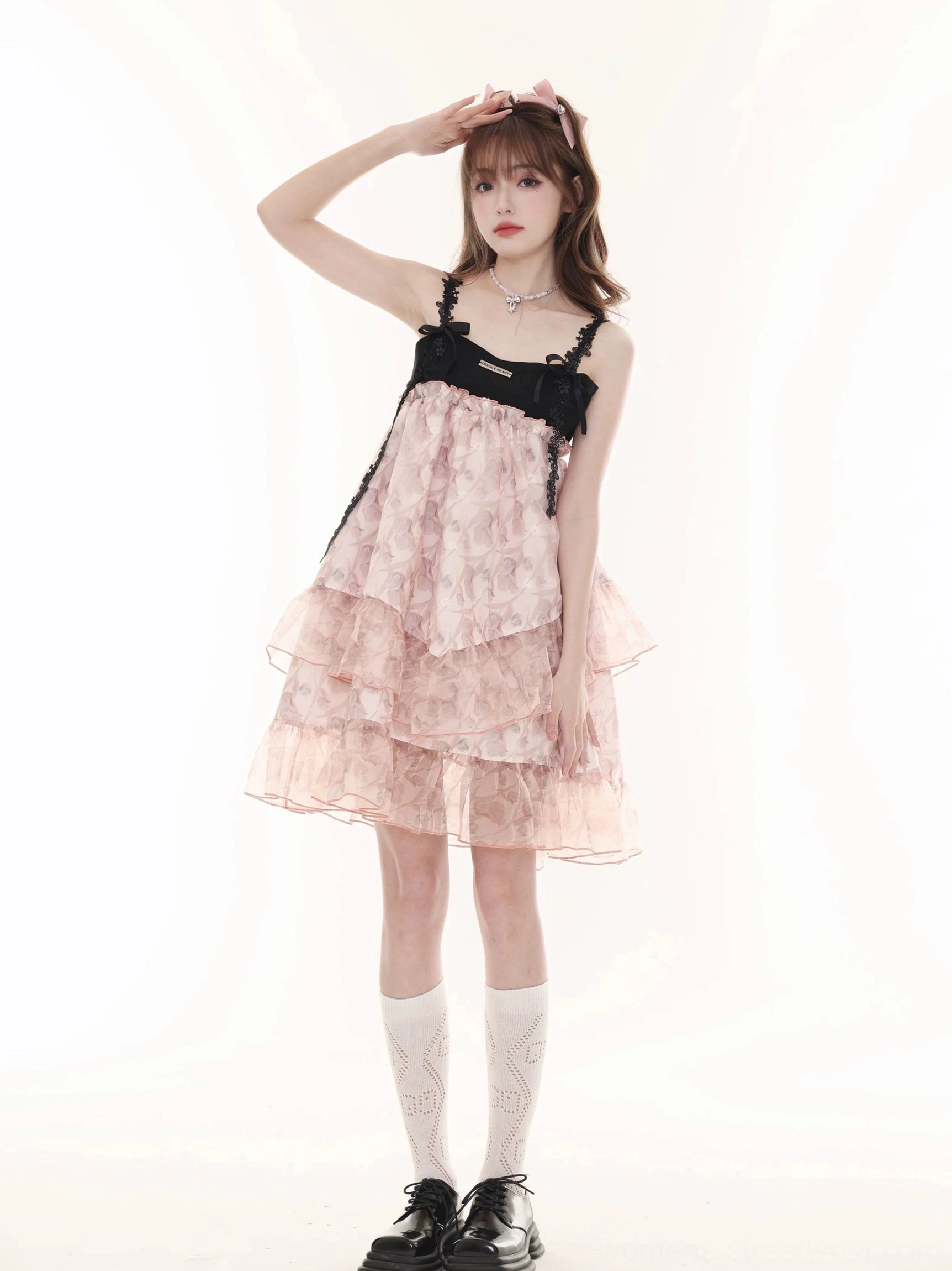 Romantic pink floral layered tulle slip dress for Lolita coquette and East Asian fashion outfits