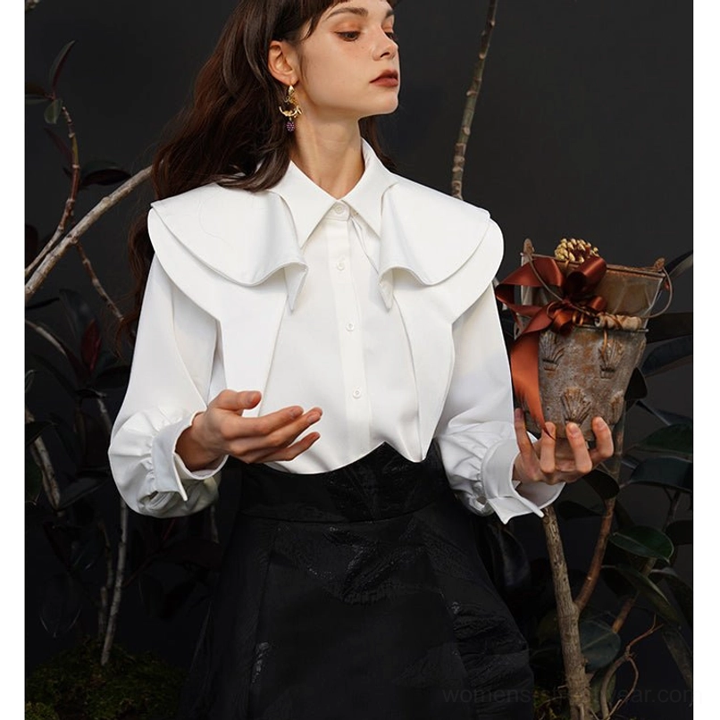 Romantic streetwear fox blouse with decorative collar, voluminous sleeves, and polished feminine silhouette