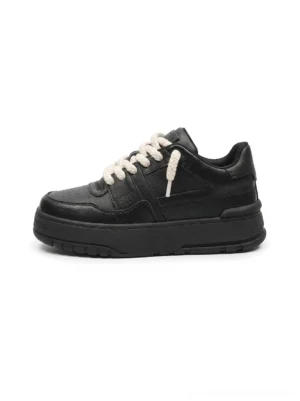 Black rope lace chunky platform sneakers shown in a clean side profile with a smooth upper, oversized cream rope laces, and thick elevated sole