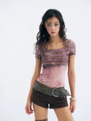 Front view of pink rose mist lace trim mesh baby tee with square neckline, tiny bow, and slim sheer fit