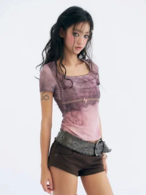 Rose mist lace trim mesh baby tee side profile showing the fitted sheer mauve and purple watercolor print