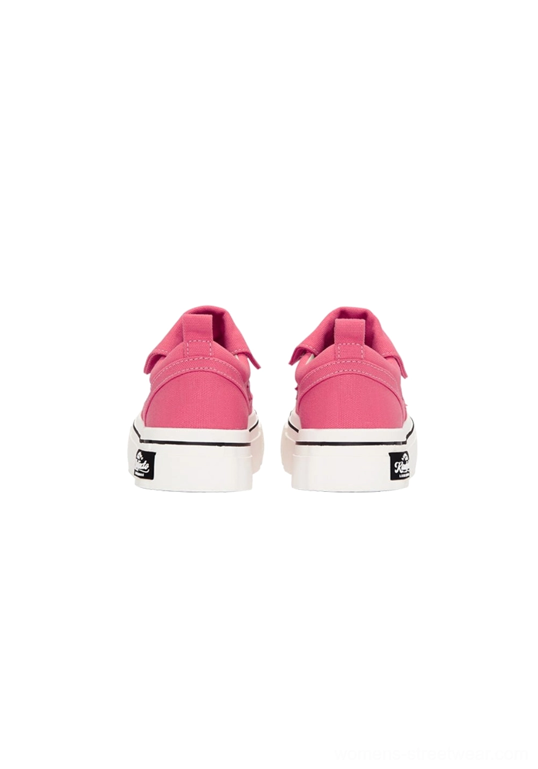 Rear view of rose pink canvas platform sneakers with heel pull tabs black heel accents and white rubber outsoles