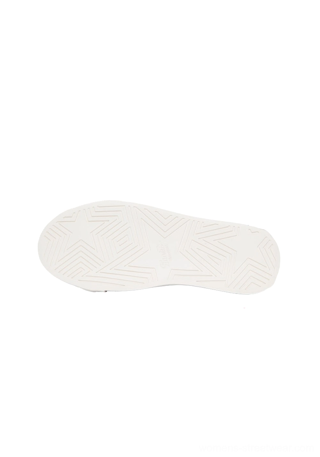 Textured rubber outsole of a rose pink star panel canvas platform sneaker shown in detailed top-down view