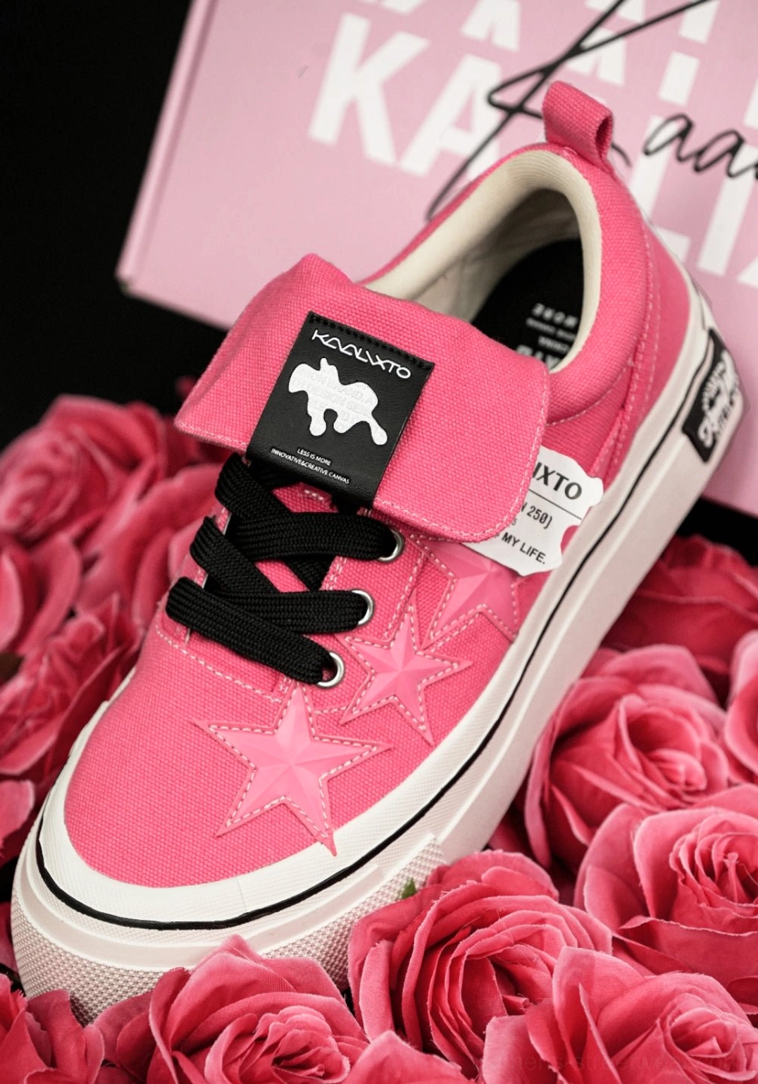Rose pink star panel canvas platform sneakers designed for casual outfits with dresses skirts cargo pants and denim