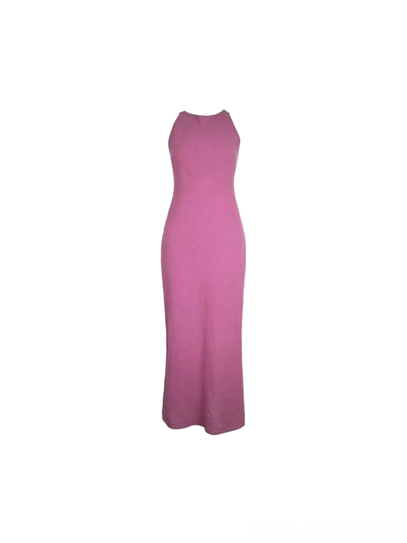 Rose red crew neck sleeveless floor length side slit maxi dress flat lay front view