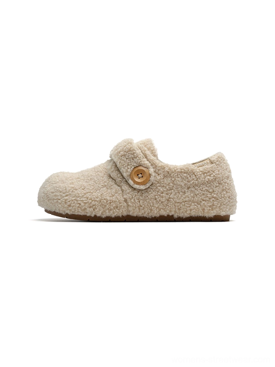 Rounded faux fur Velcro slip-on shoes with plush upper warm lining and casual East Asian streetwear aesthetic