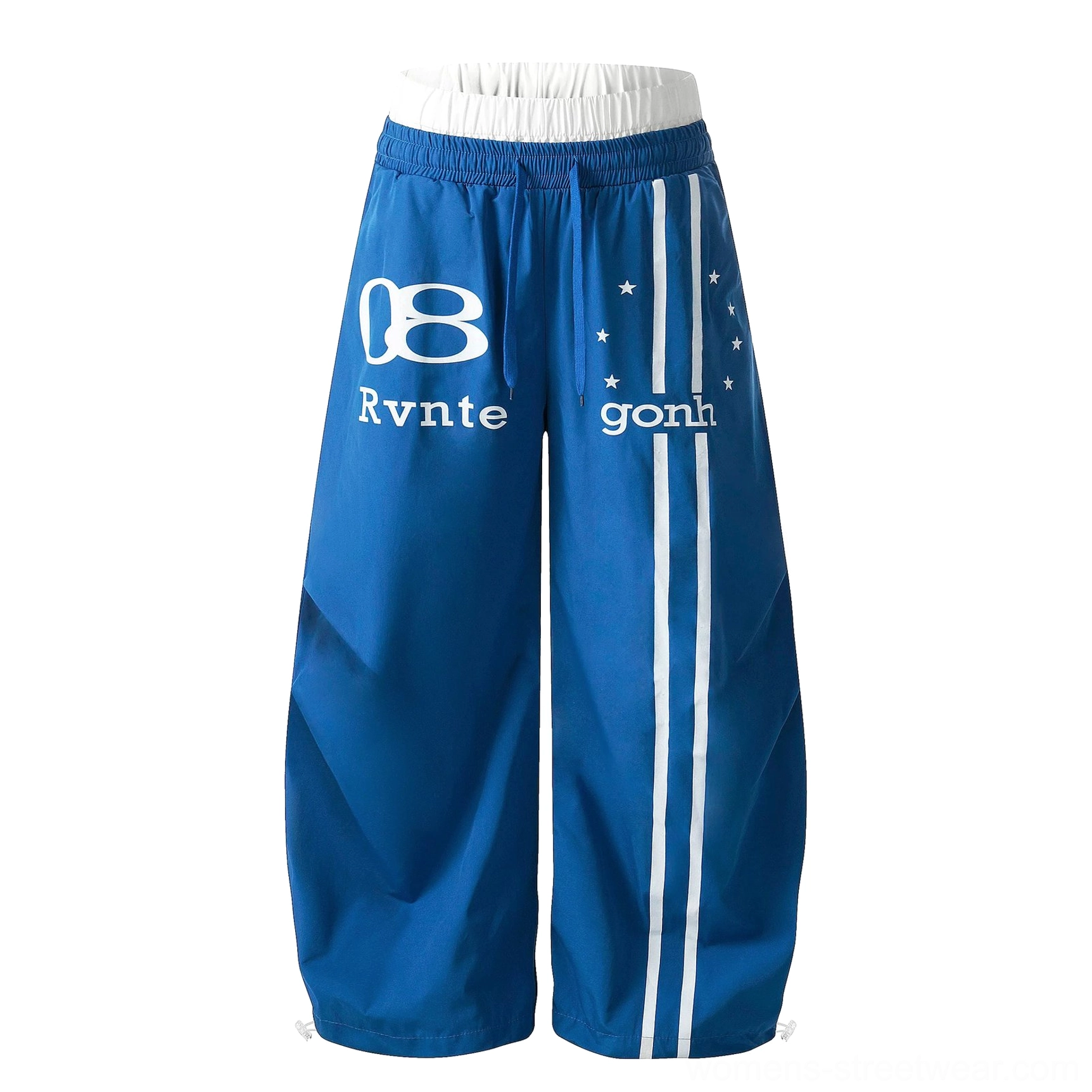 Royal blue Astro Stripe track pants colorway with white accents, oversized cargo-inspired details, and bold Korean streetwear attitude