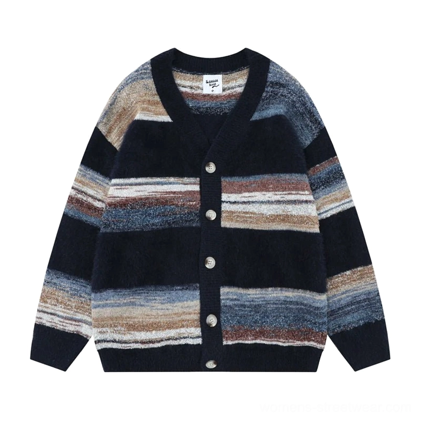 Royal blue oversized striped mohair cardigan with cream blue and brown horizontal stripes V-neck button front and fuzzy knit texture