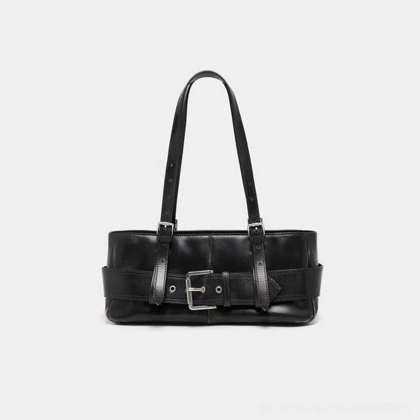 Rubbed black buckle baguette shoulder bag with a sleek rectangular silhouette, adjustable strap, and silver-tone hardware