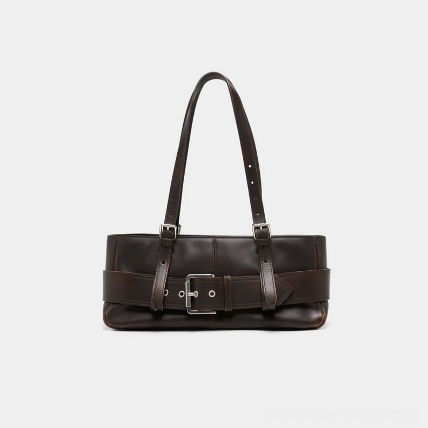 Rubbed brown buckle baguette shoulder bag shown in a front-facing product view with a classic rectangular shape