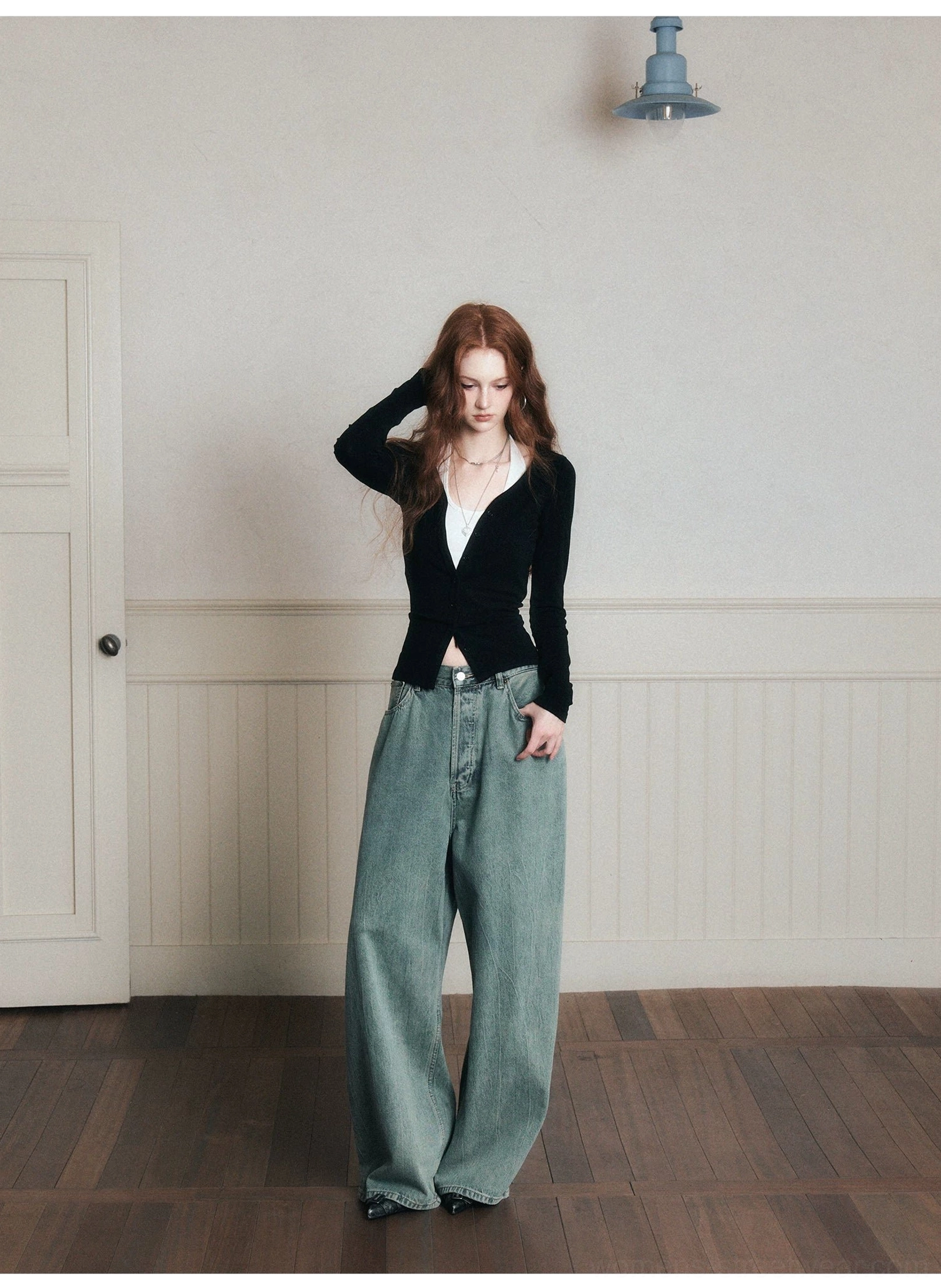 Black fitted layered knit cardigan and white halter top set in a full front streetwear outfit view