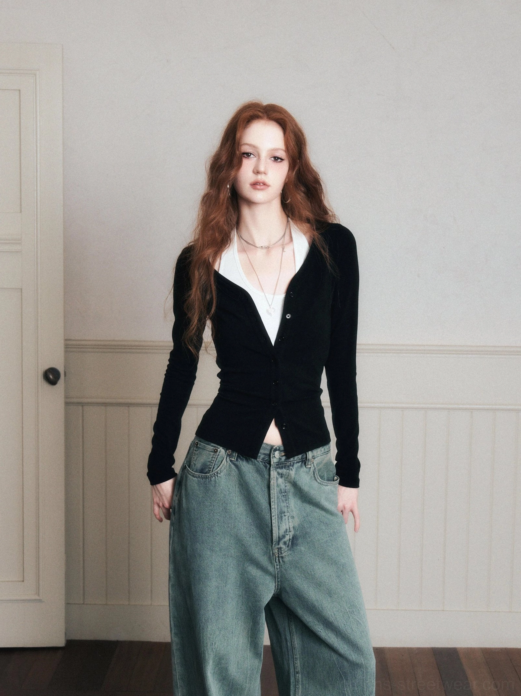 Black ruched layered knit cardigan and white halter top set for Korean streetwear styling